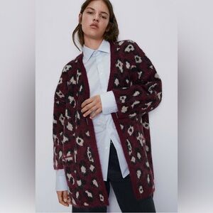 Zara Women's Maroon Red Leopard Wool Mohair Cardigan Sweater